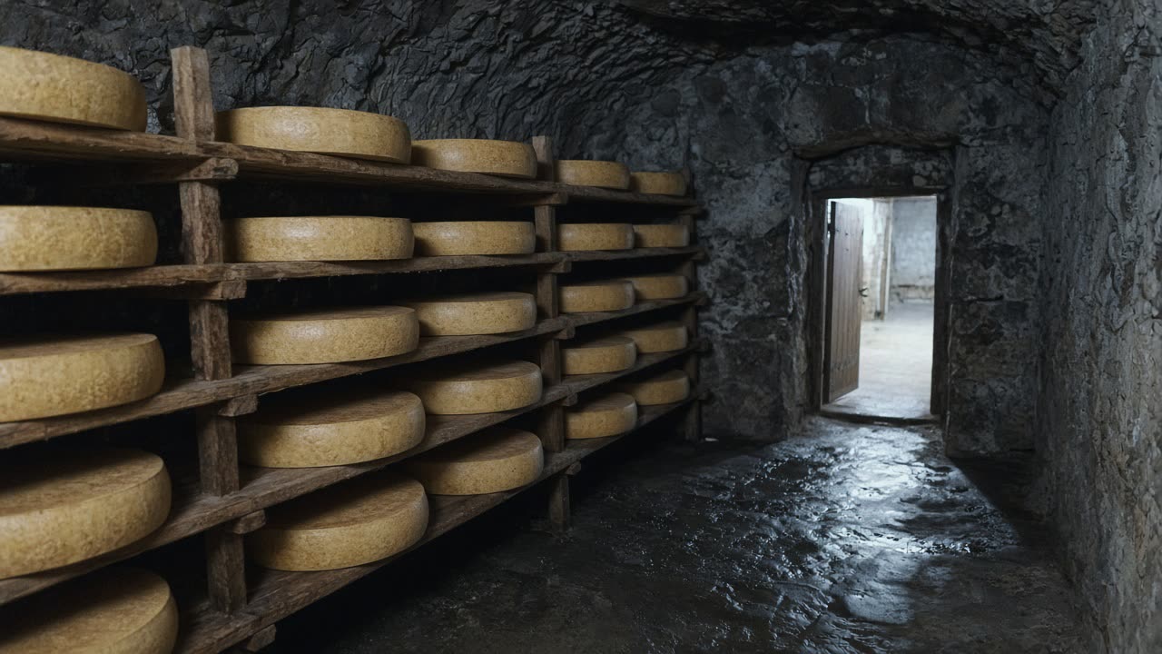 Reiferaum der Almilk Sennerei in Immenstadt im Allgäu: Bergkäselaibe auf Holzregalen in der Reifehöhle